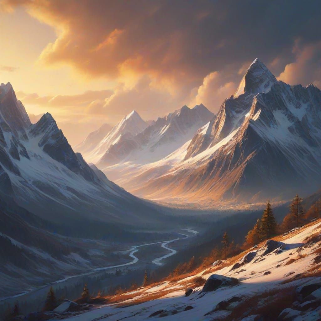 Majestic Mountain Range in Vibrant Oil Painting Style