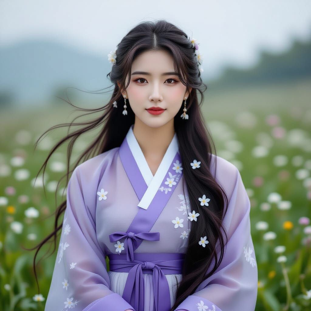 Korean Woman in Hanbok with Jasmine Blossoms