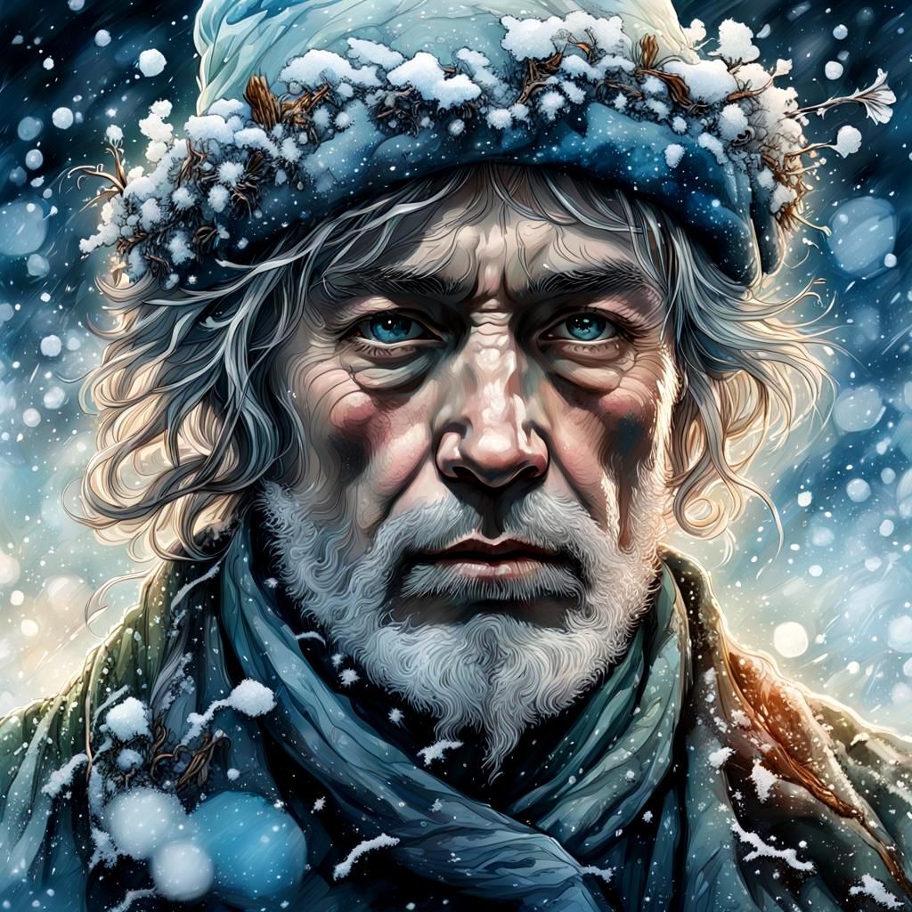 Icy Winter Lake with Snow Flowers, Romanticism Style