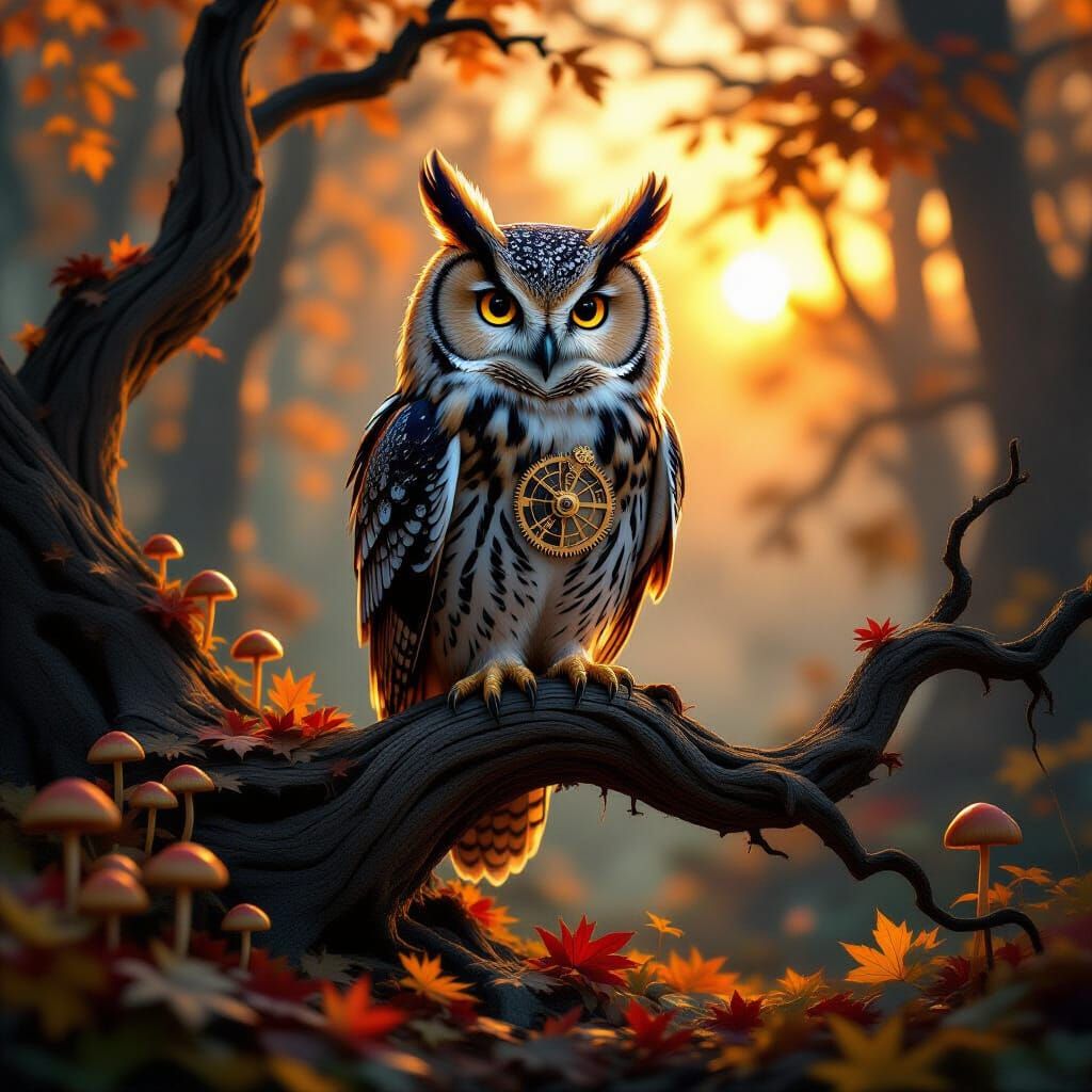 Clockwork Owl on Ancient Branch in Golden Hour Light