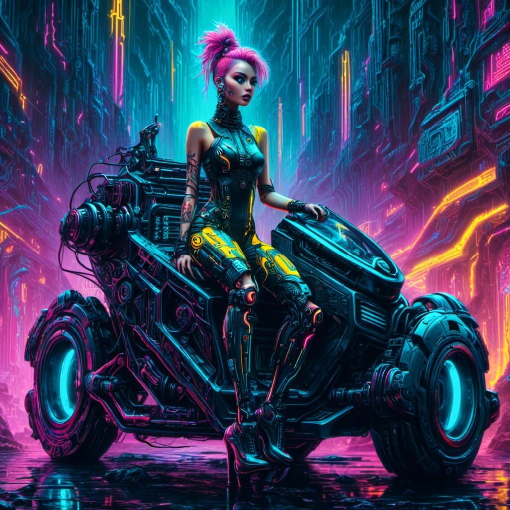 Cyberpunk Woman on Robotic Car in Neon Style
