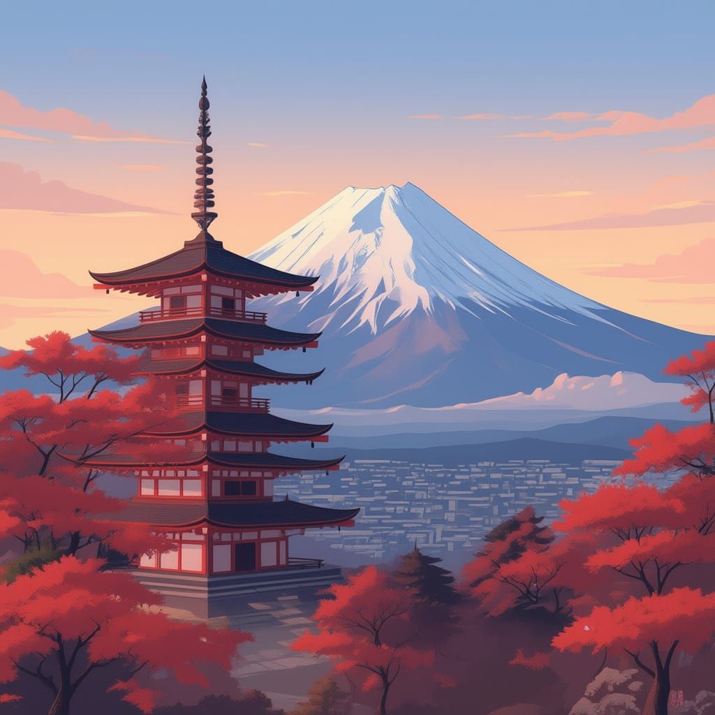 Japanese Pagoda With Mount Fuji View