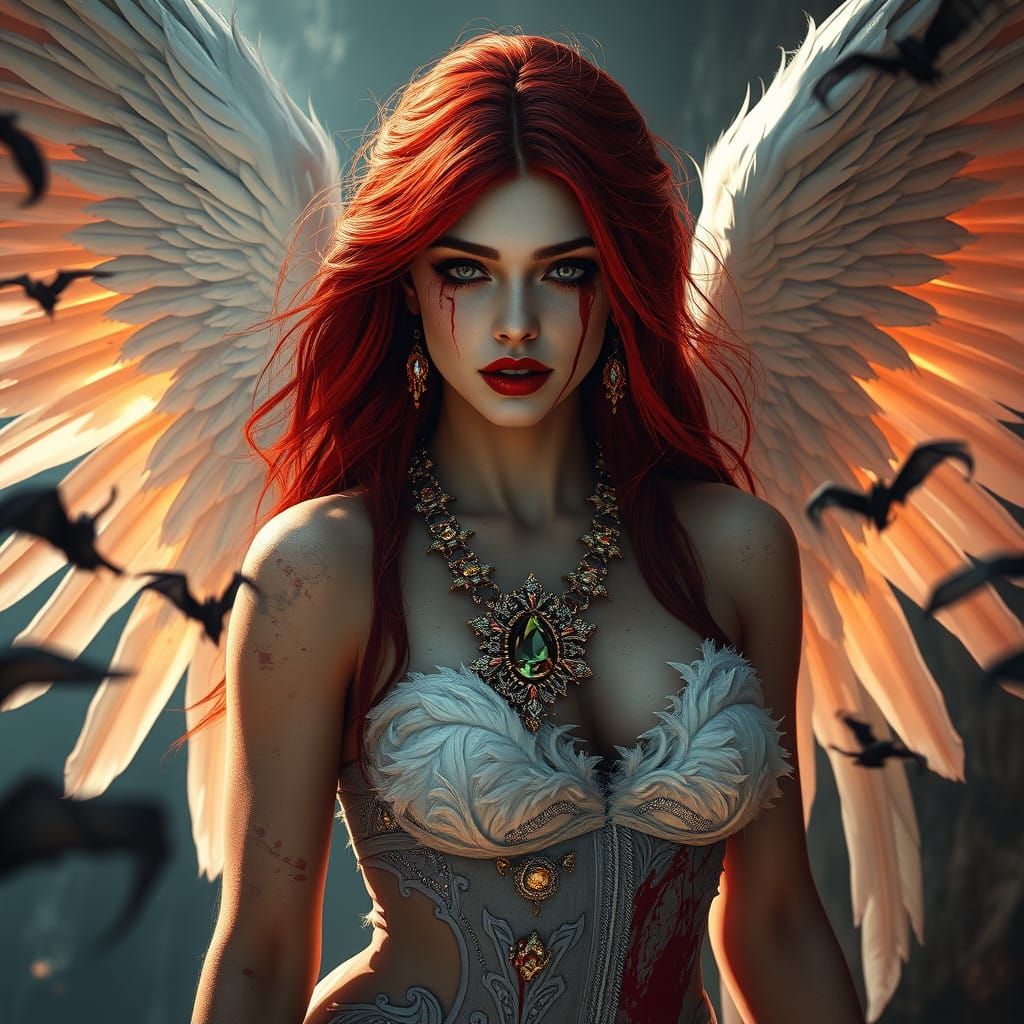 Ethereal Angel with Gothic Makeup and Bloody Tears