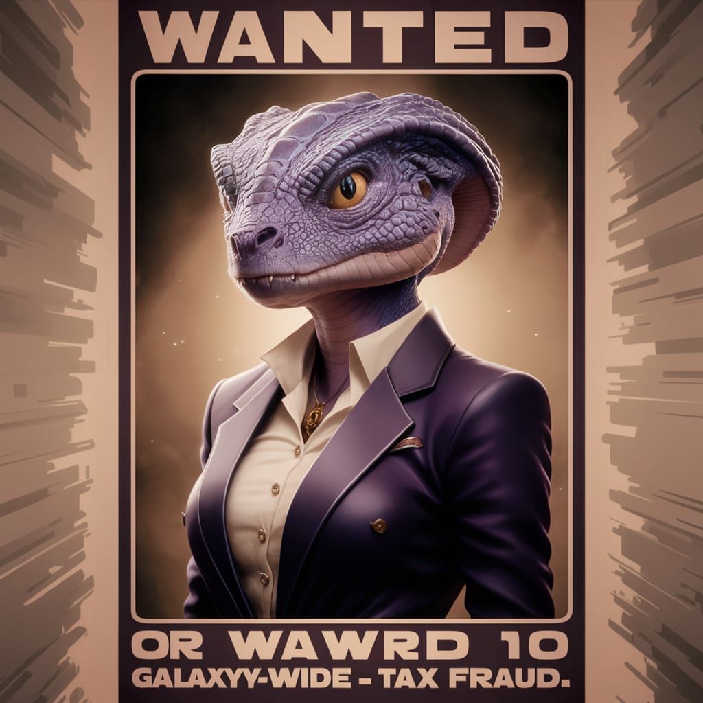Wanted Poster: Purple Alien Tax Fraud in Digital Art