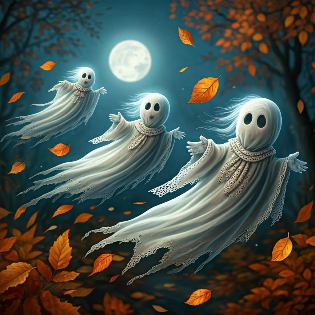 Ghosts in Autumn Night, Rackham-esque Watercolor Illustratio...