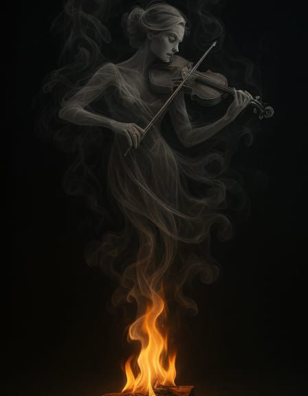 Elegant Violinist Emanating from Burning Embers