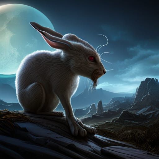 Alien Rabbit Stares at Moon, Dark Fantasy Art