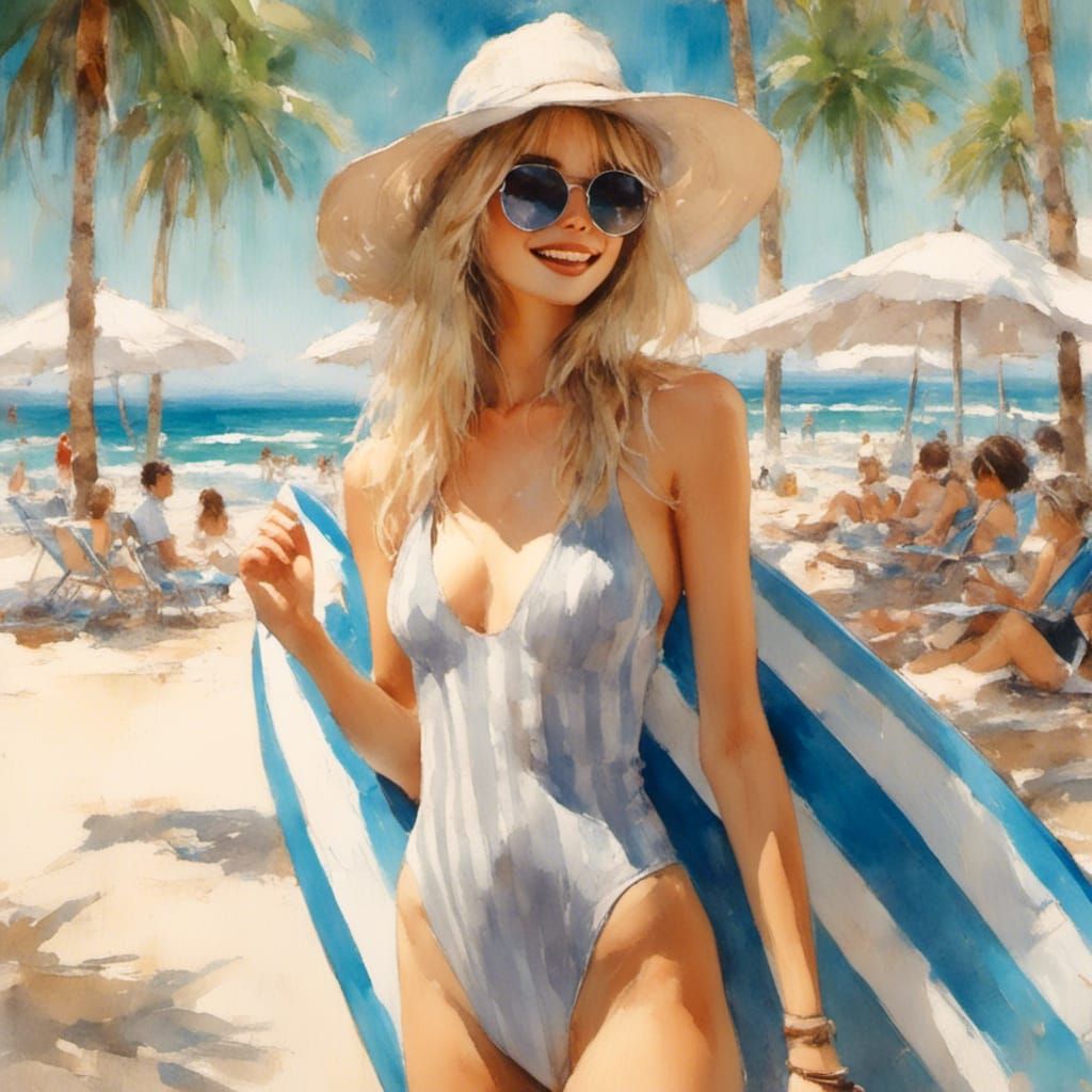 Woman with Surfboard on Sunny Beach as Oil Painting