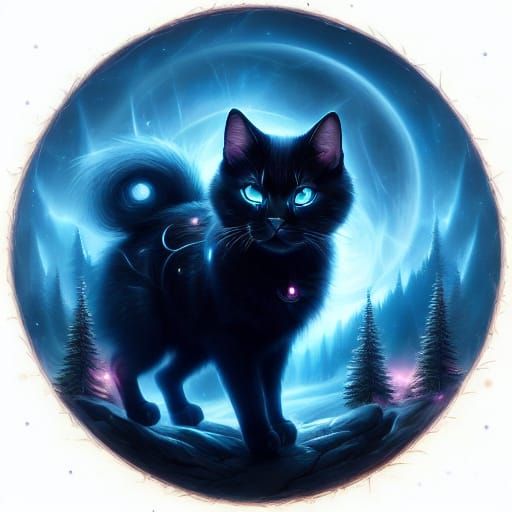 Majestic Black Cat with Cosmic Night Sky Fur