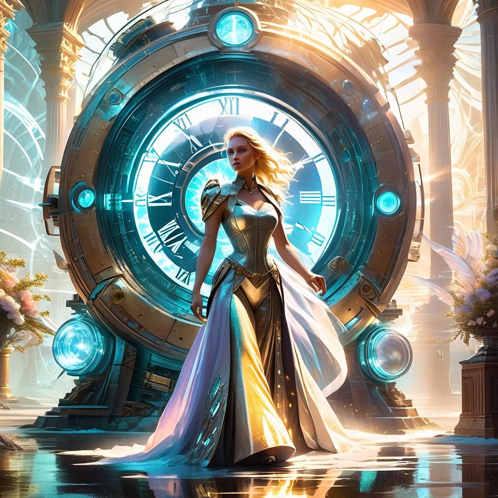 The time machine, next to a beautiful blonde nymph in touch with herself, her body, dressed in pastel colors, seen throu...