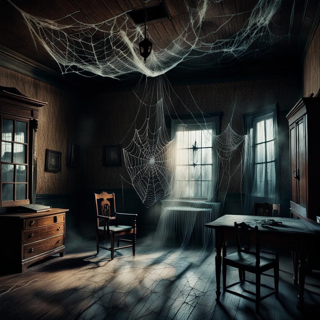 Eerie Haunted House Interior with Floating Ghosts