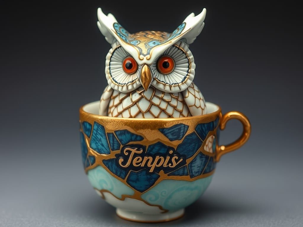 Kintsugi Owl Statue in Teacup with Gold Leaf