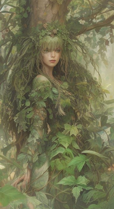 Earthy Plant Woman in Lush Forest, Digital Art