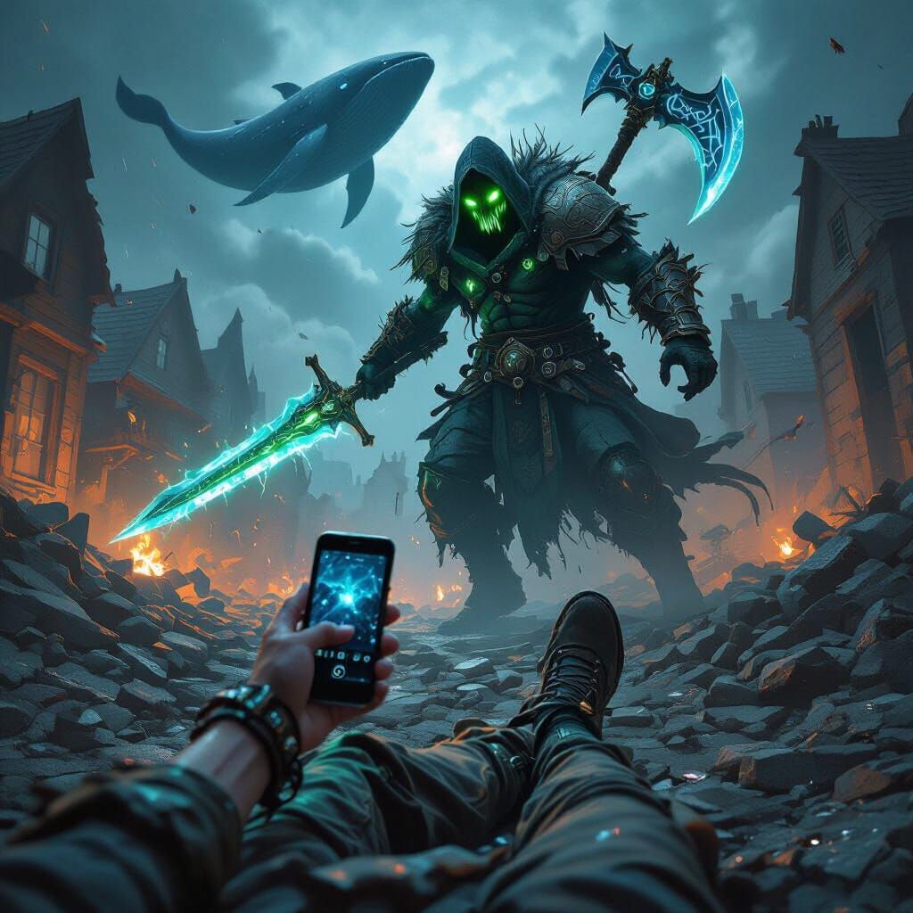 Terrifying Figure Above Ruined Town in Photorealistic Style