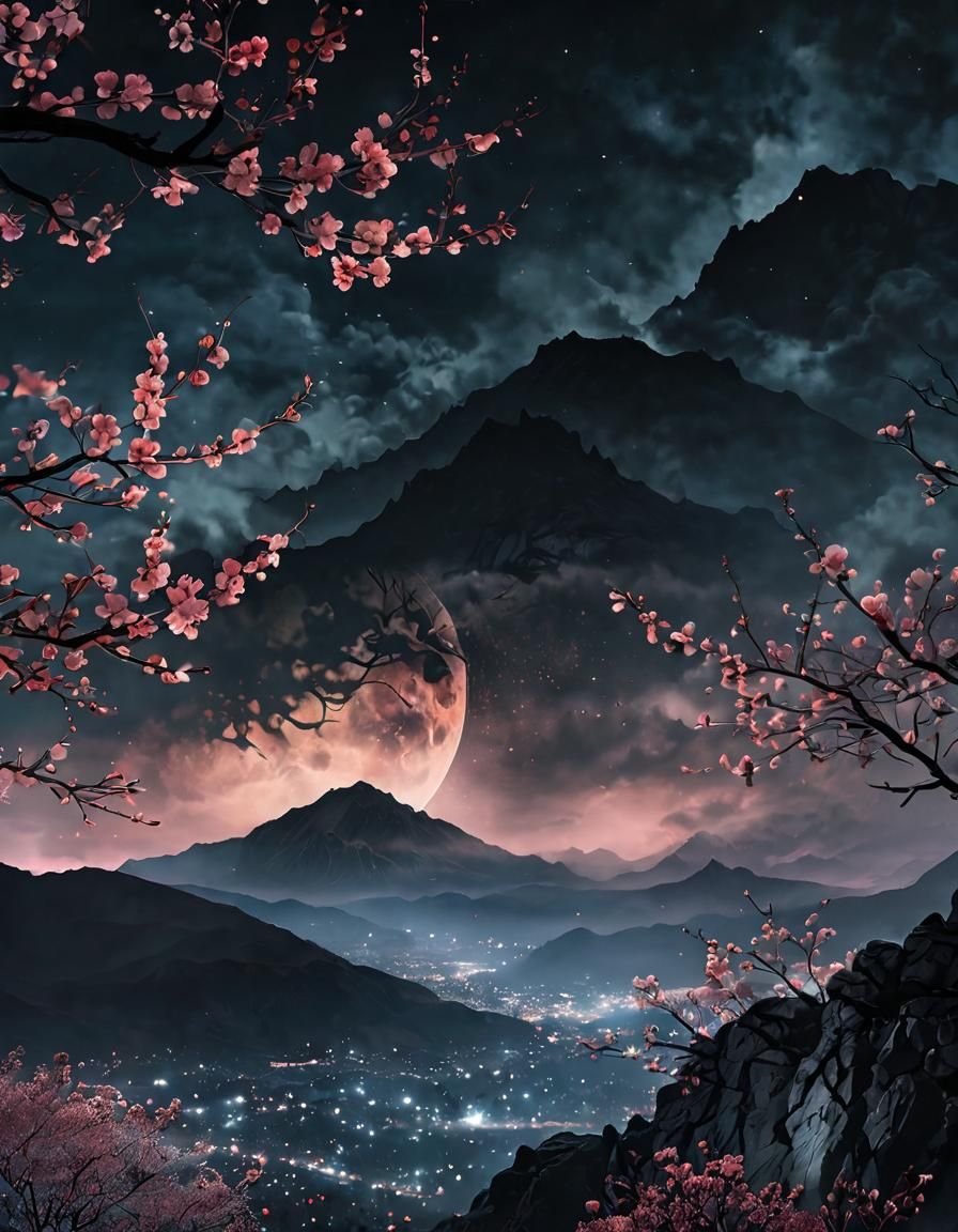 Nebula Moonrise with Cherry Blossoms: Double Exposure