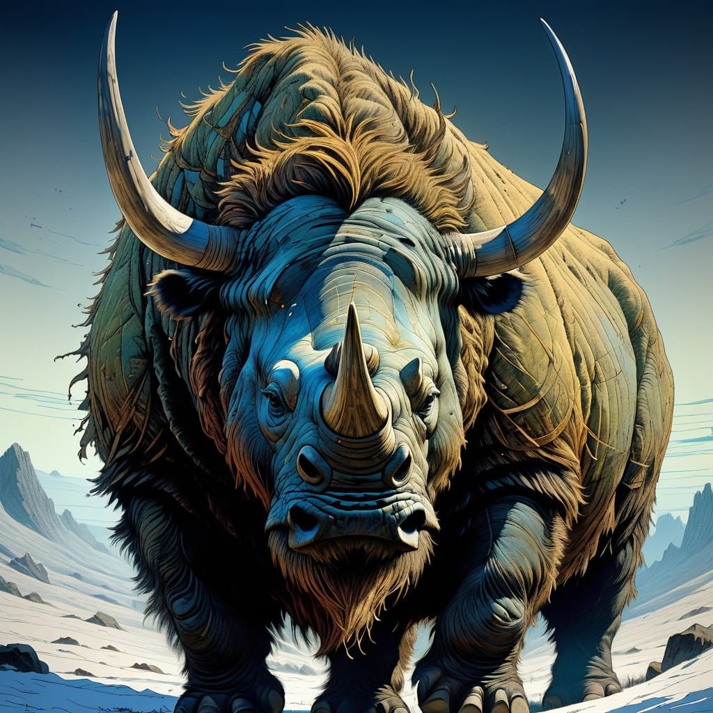 Mysterious Woolly Rhino in Noctilucent Twilight