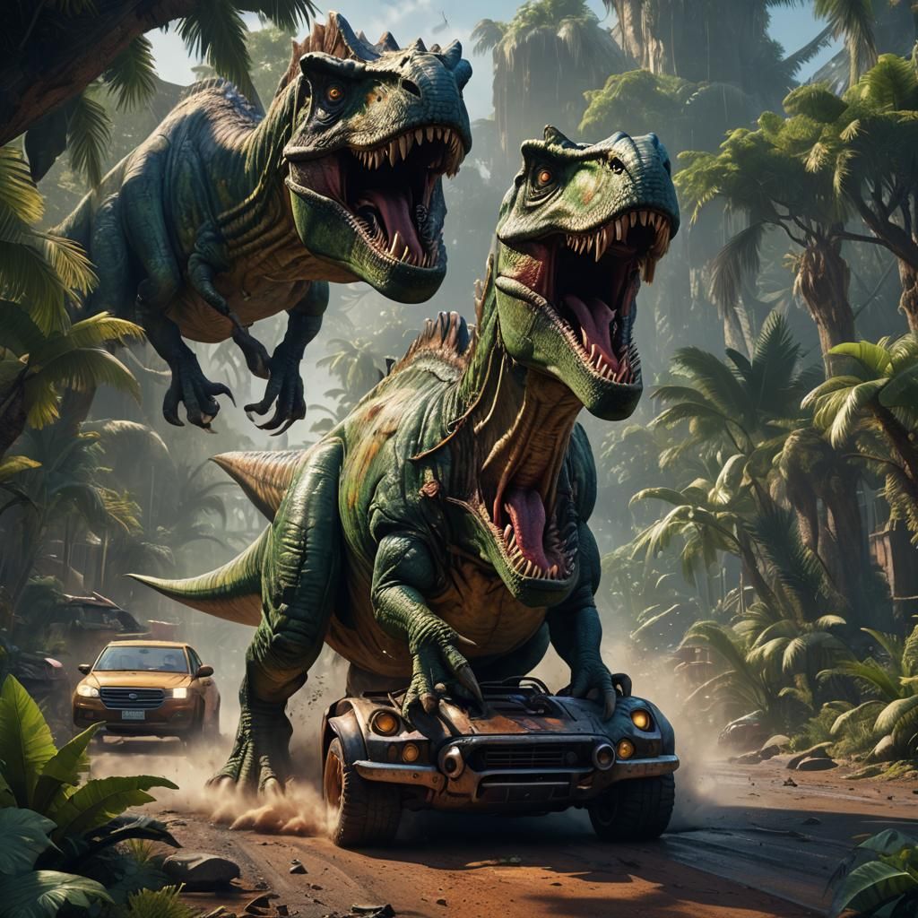 Dinosaur with Car: Fantastical Matte Painting