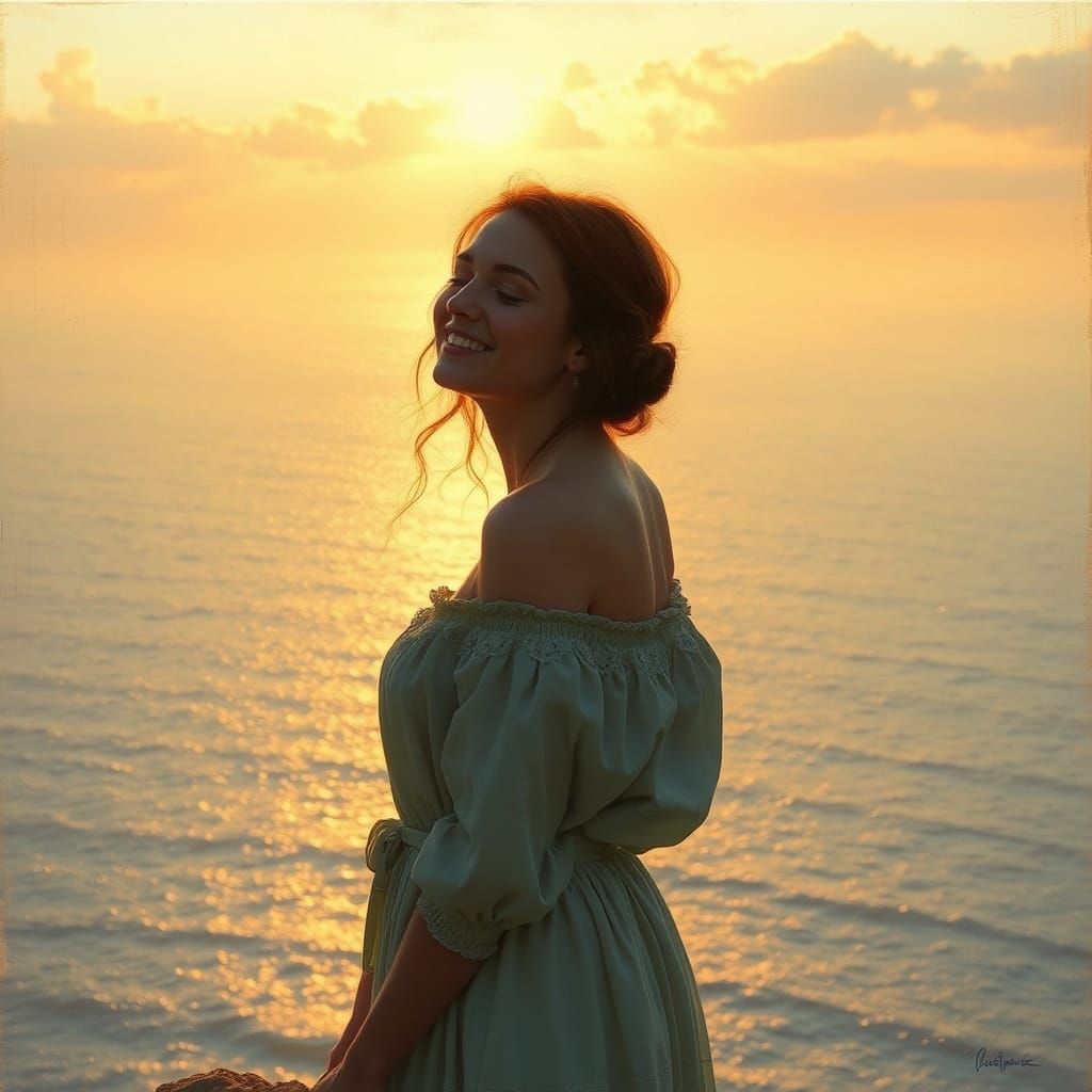 Woman Reflects on Peace by the Ocean at Sunset