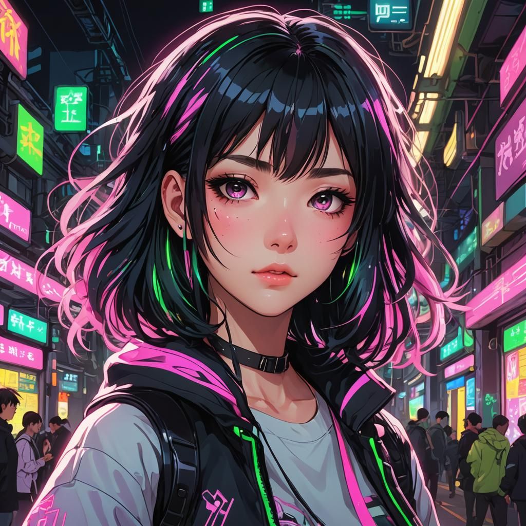 Anime Girl with Neon Hair in Fantasy Manga Style