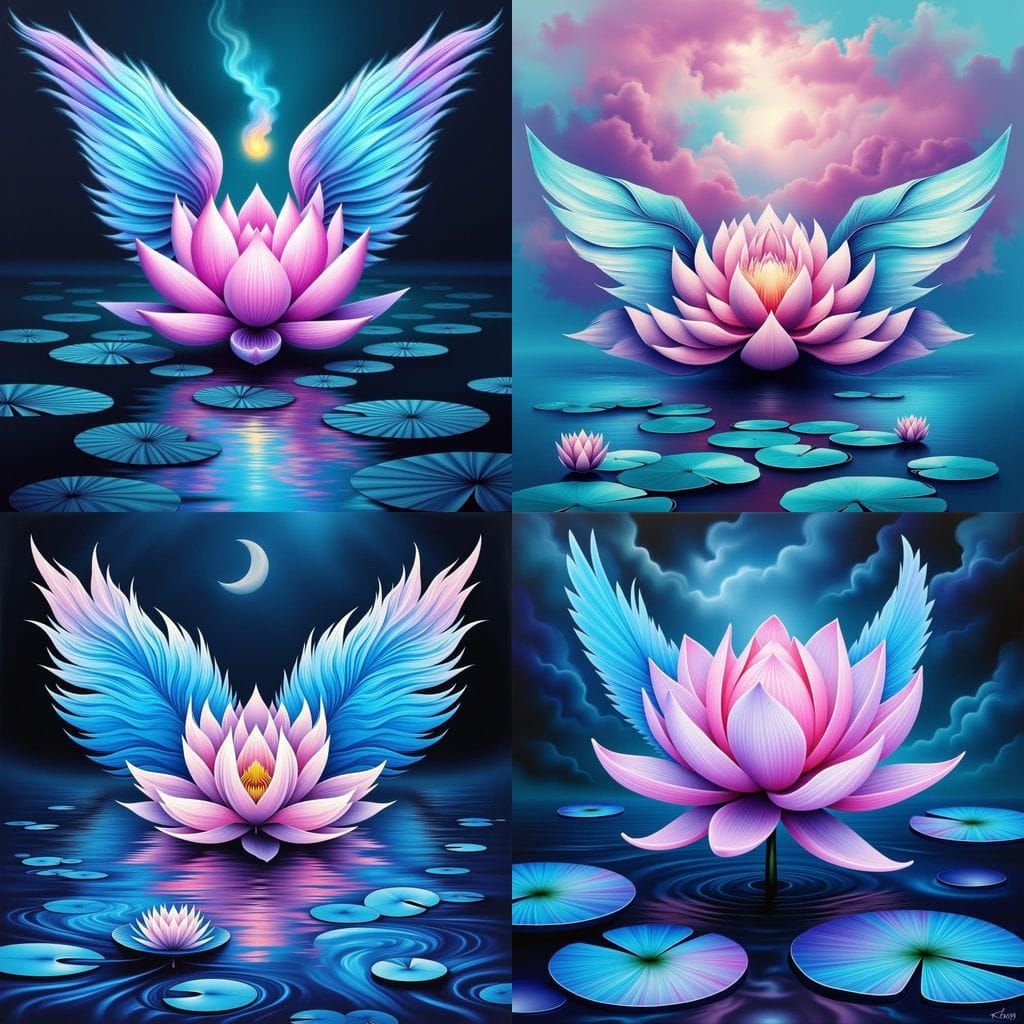 Iridescent Lotus Goddess with Glitching Wings Over a Serene ...