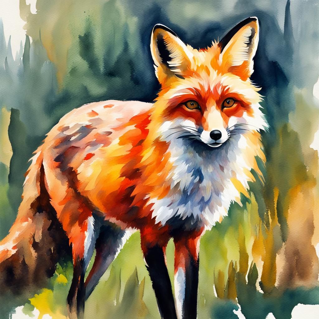 Watercolor Fox in Gouache Style Impasto Painting