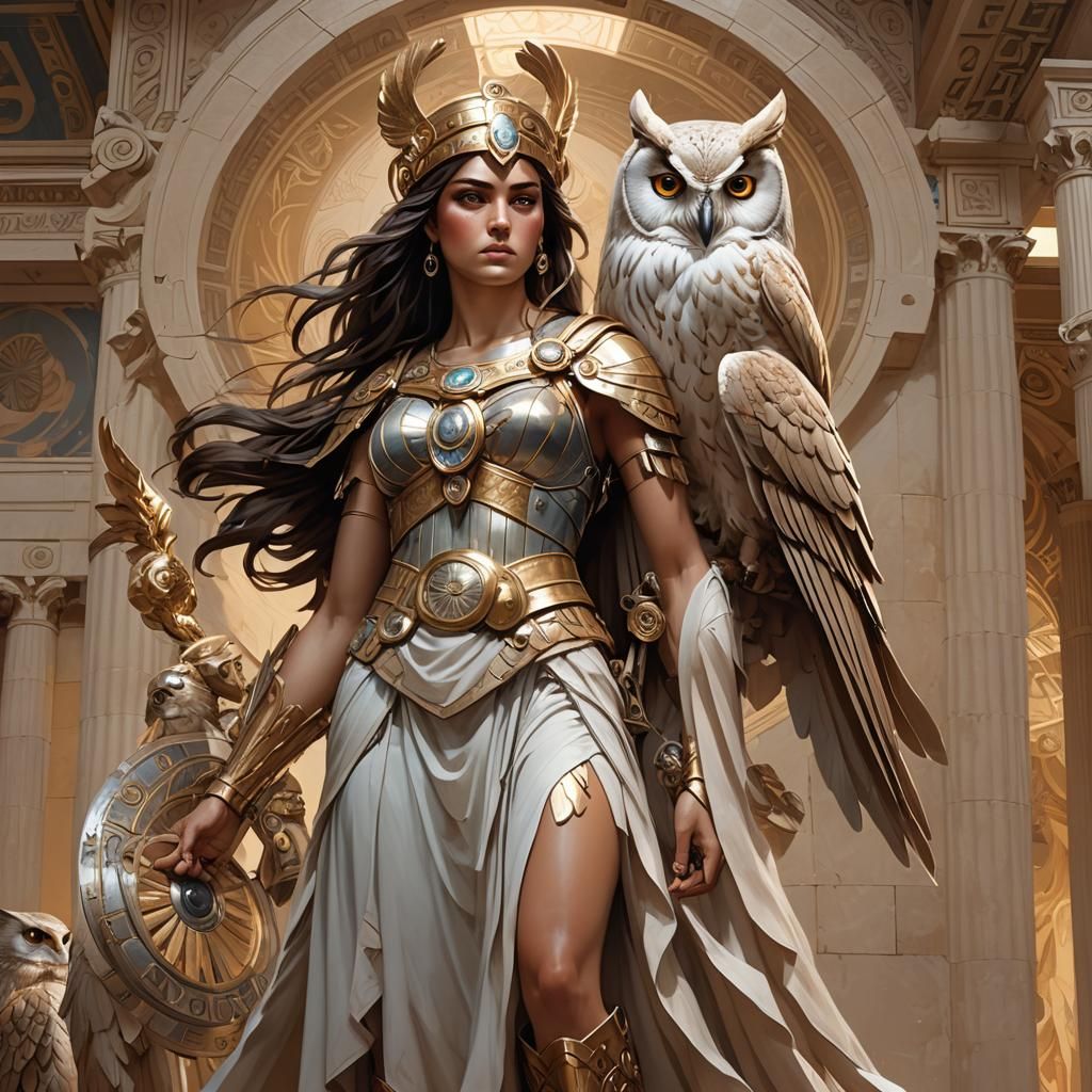 Athena and her owl, standing tall at the Parthenon.