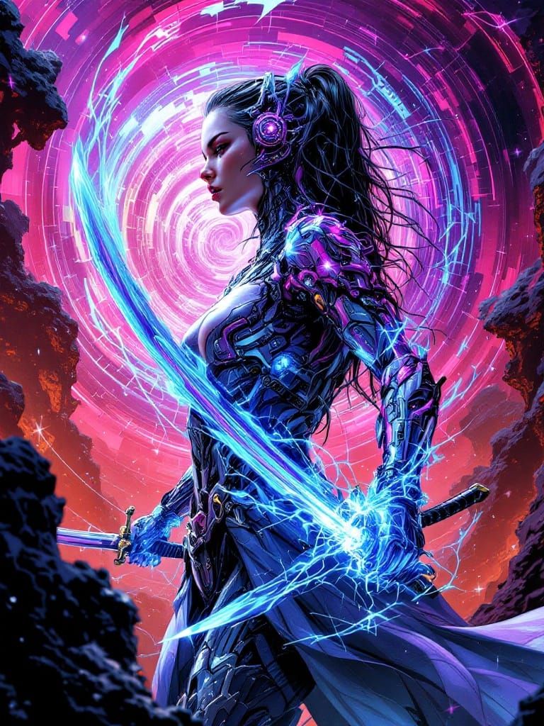 Cyberpunk Goddess Wields Lightning-Forged Blade in a Spiritu...