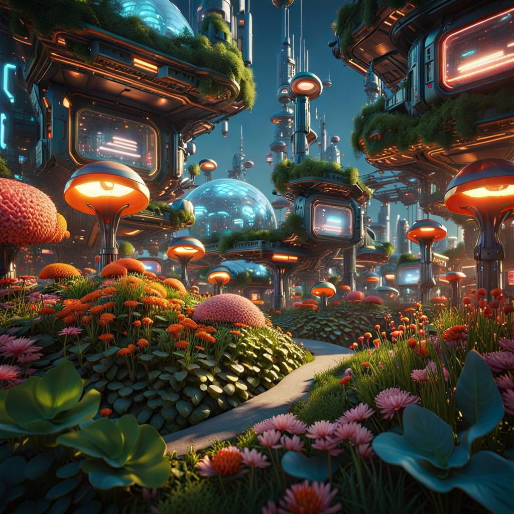 Futuristic Robot Village with Mycelium Networks