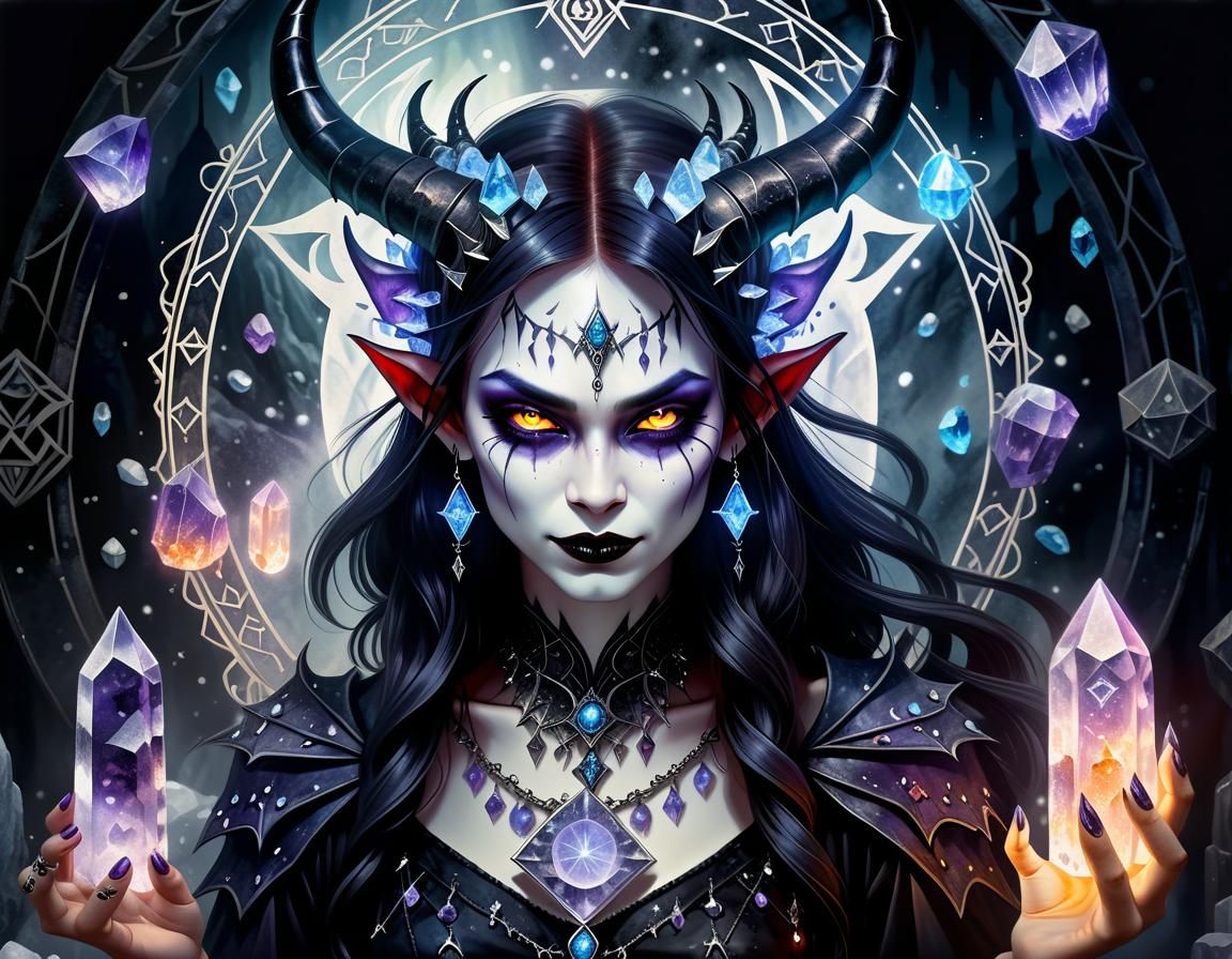 Gothic Demoness Surrounded by Crystals in Watercolor