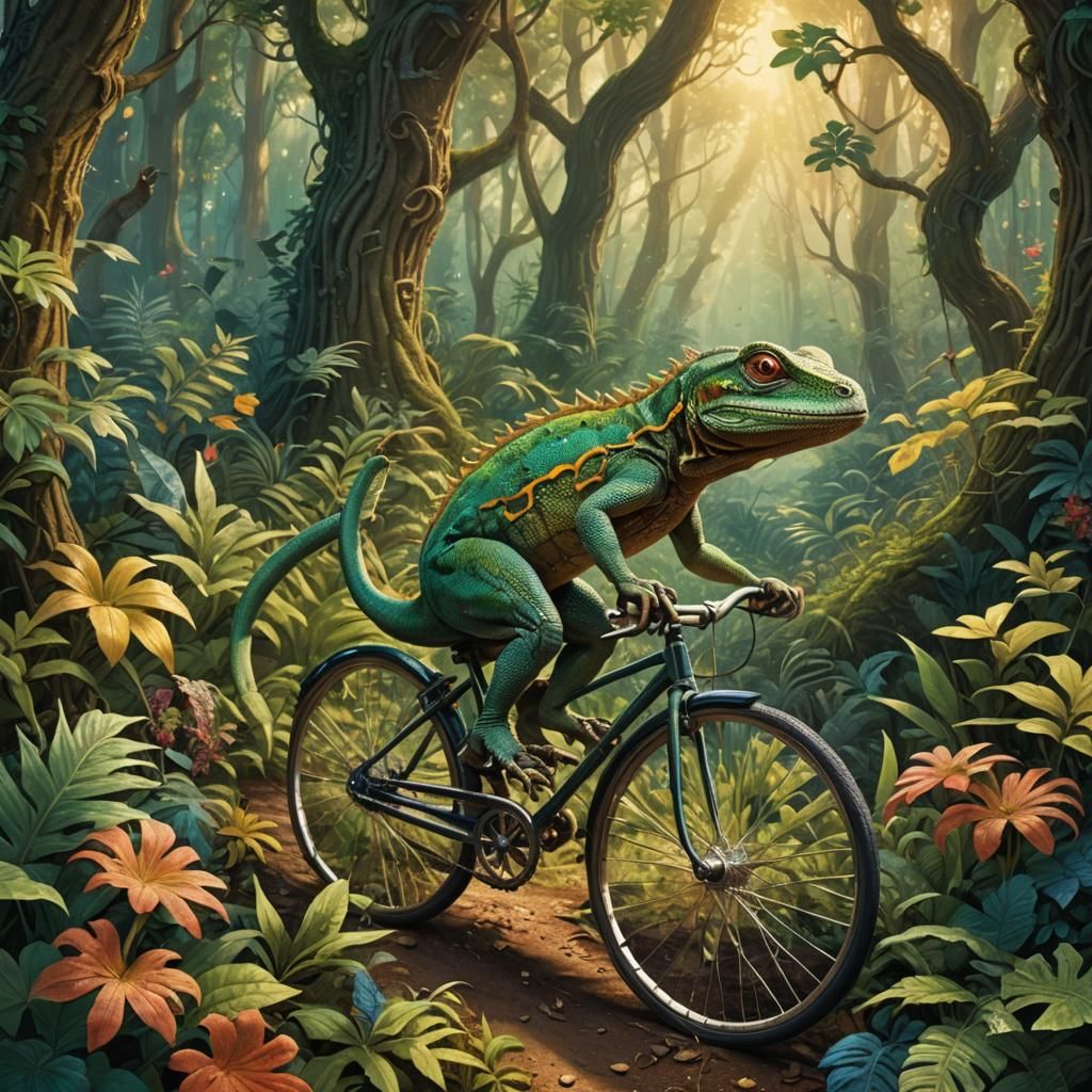 Lizard Cyclist in Mystical Forest, Fantasy Illustration