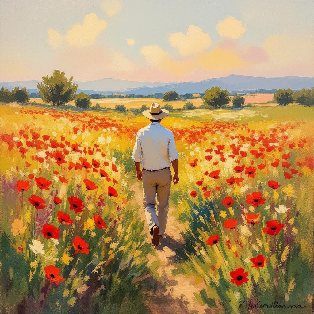 Tuscan Field of Poppies in Golden Hour Light