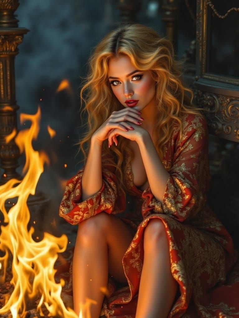 Gilded Beauty Beside the Flickering Flame