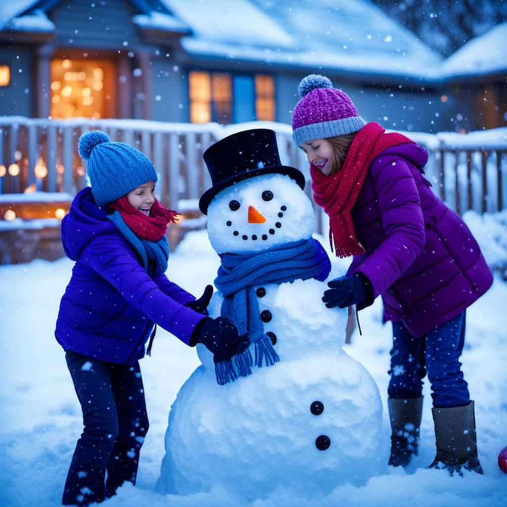 Joyful Kids Building a Snowman in Winter Wonderland