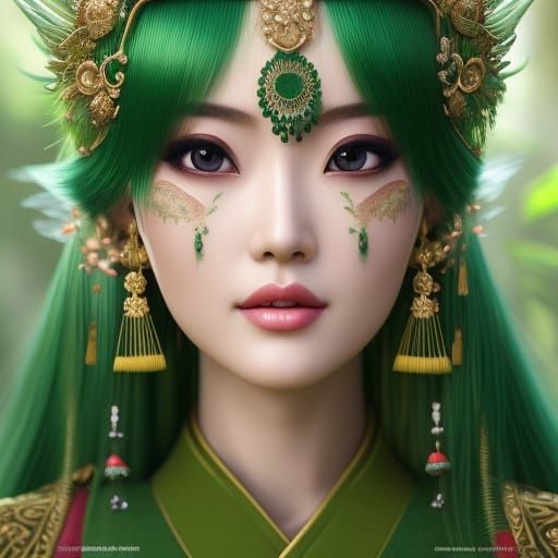 Green-Haired Goddess of Nature in Hyperdetailed Illustration
