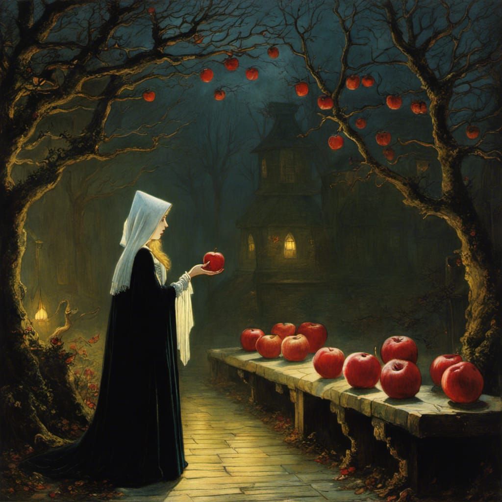 Witch Offers Apple to Snow White in Grimshaw Style