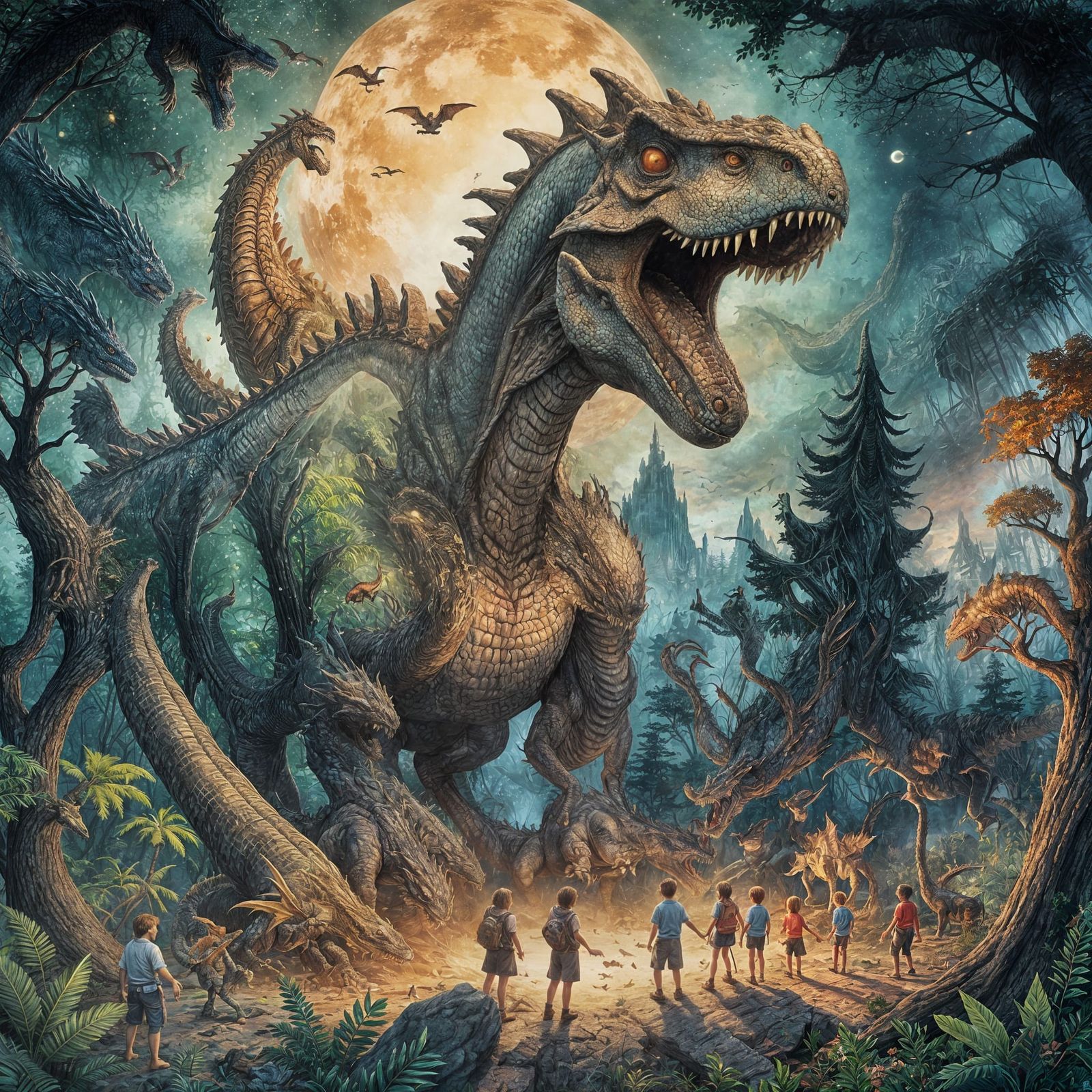 Dragon in the Night Sky, Retro Illustration