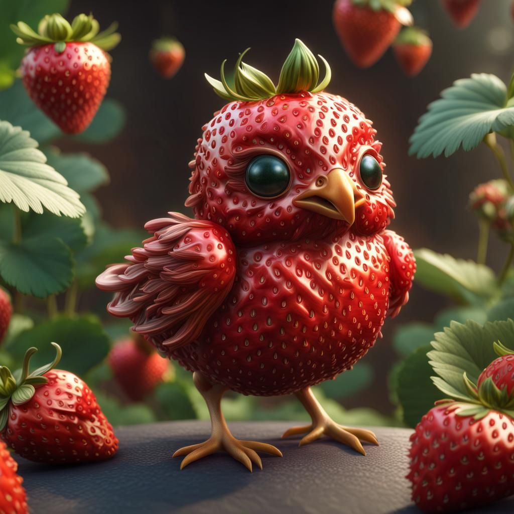 Strawberry Labyrinth Bird in Hyperrealistic Style