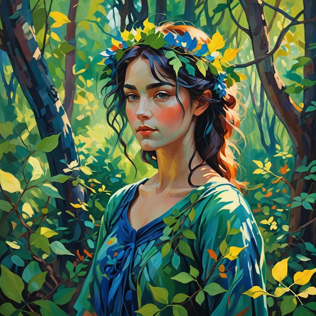 Fauvist Fae Portrait in Forest with Expressive Brushstrokes