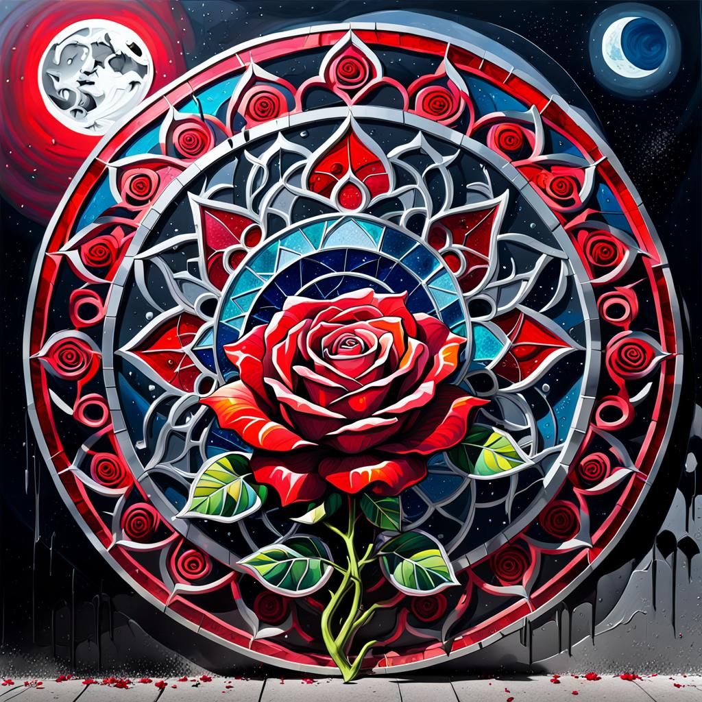 Red Rose Mandala in Urban Graffiti Style