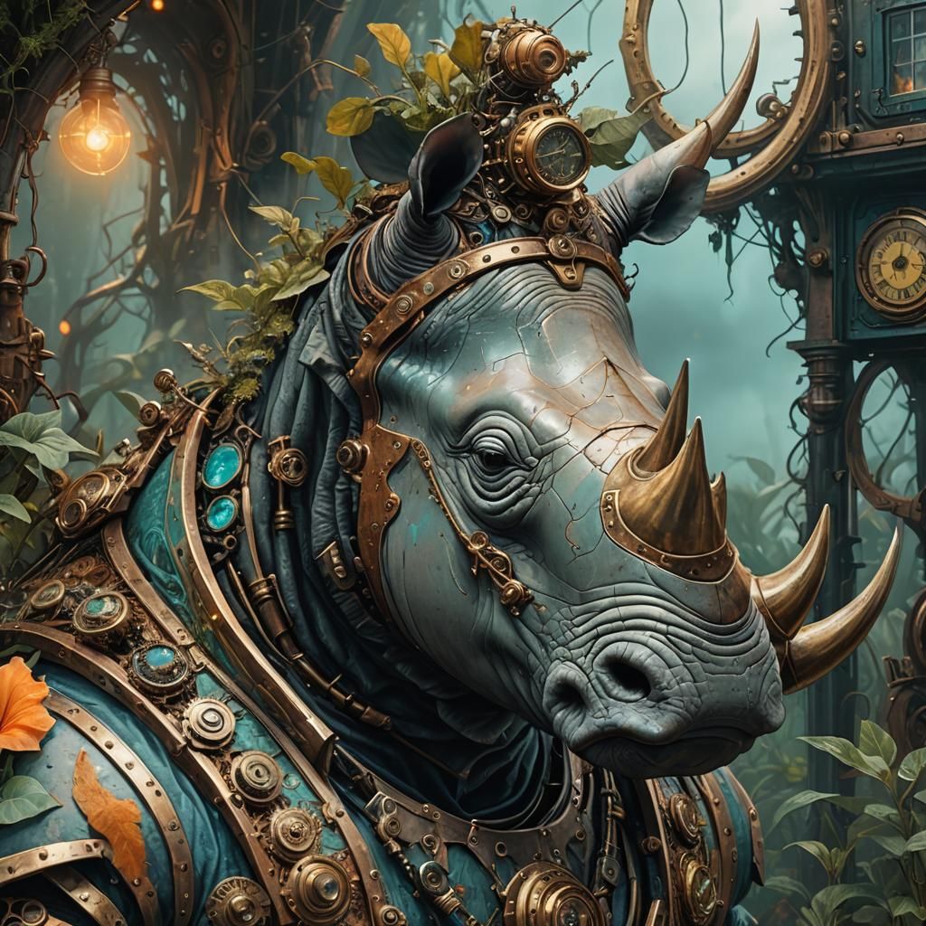 Steampunk Rhino Portrait in Surreal Mystical World