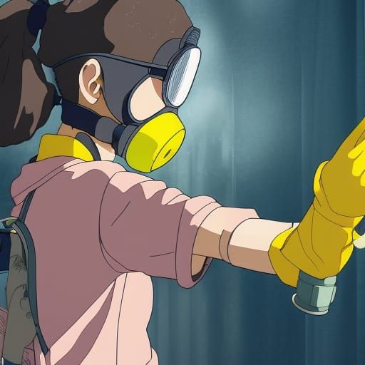 Maid with Gas Mask in Studio Ghibli Anime Style