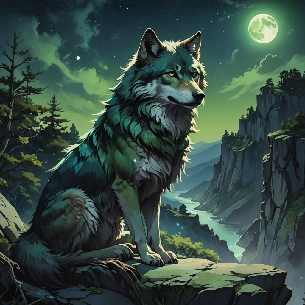 Wolf Girl on Moonlit Cliff: Digital Anime Portrait
