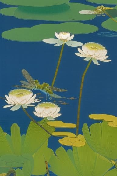 Dragonfly and Lotus: Japanese Woodblock Print in Ukiyo-e Sty...