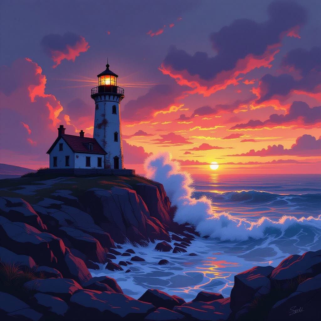 Dramatic Lighthouse at Nightfall, Art Style
