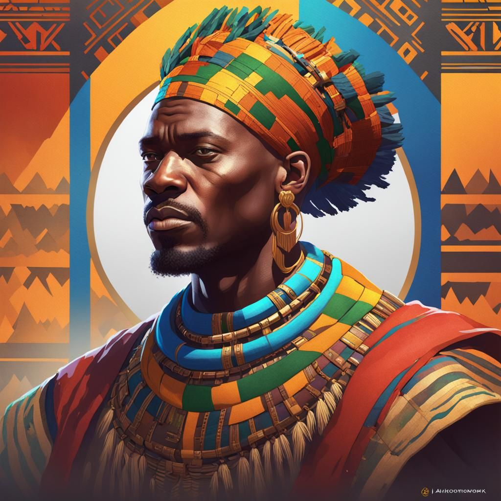 African King Portrait in Kente Cloth, Detailed Art