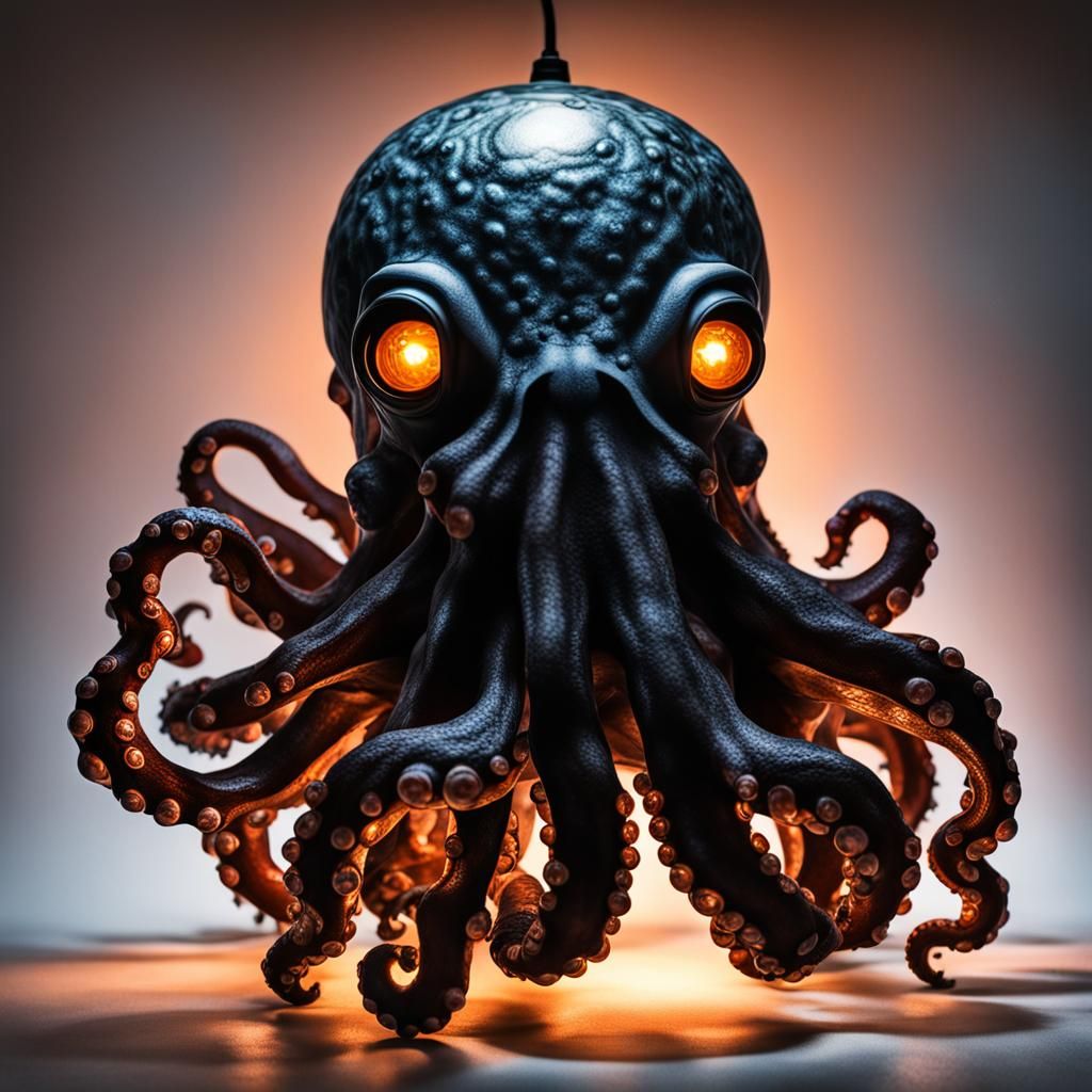 Octopus Lamp with Glowing Bulbs in Low-Key Lighting