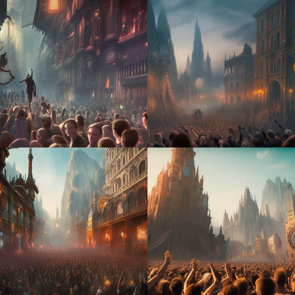 Detailed Crowd Scene in City, Fantasy Concept Art