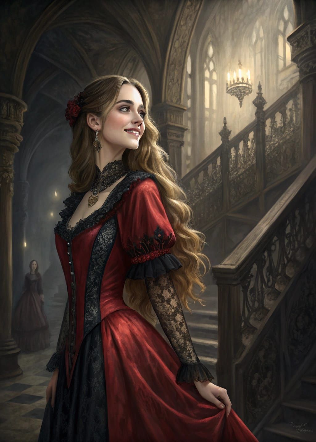 Victorian Woman in Gothic Setting, Oil on Canvas