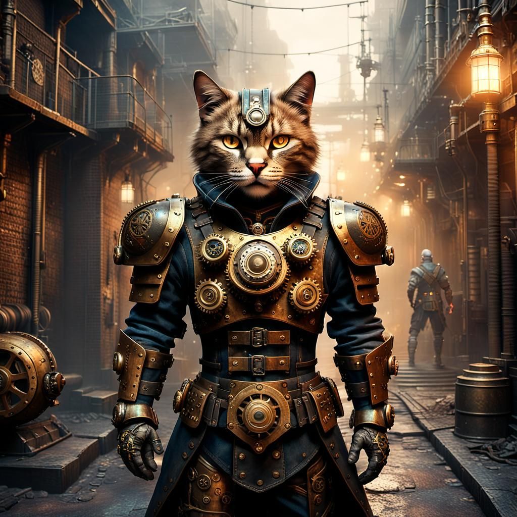 Steampunk Cat Warrior in Industrial Alleyway