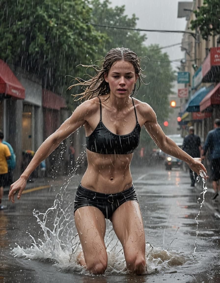 Photorealistic Image: Wet Woman in Heavy Rain